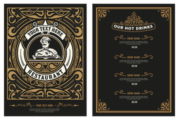 Antique  template for  restaurant menu design with Chef illustration. Vector layered.