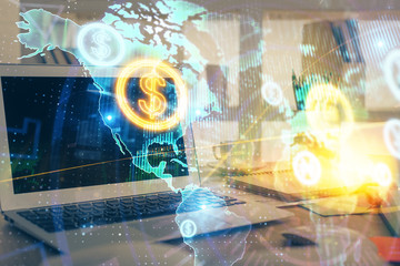 Forex market chart hologram and personal computer background. Double exposure. Concept of investment.