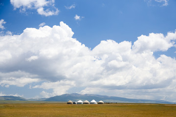 Fototapeta premium Kyrgyz traditional yurt on a plateau near Song kol in Kyrgyzstan