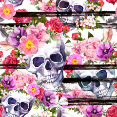 Human skulls, flowers. Repeating pattern with black ink stripes. Watercolor for Halloween