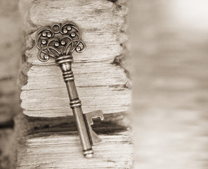 Selective focus vintage key on rusty wooden for business and education suscess concepts backgrounds