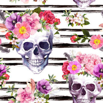 Human skulls, flowers. Seamless pattern with black stripes. Watercolor