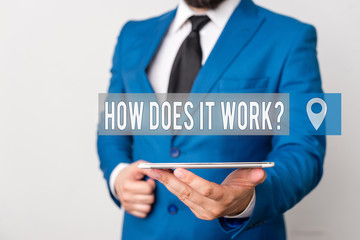 Writing note showing How Does It Work Question. Business concept for Asking on how stuff being build or operates Businessman in blue suite with a tie holds lap top in hands