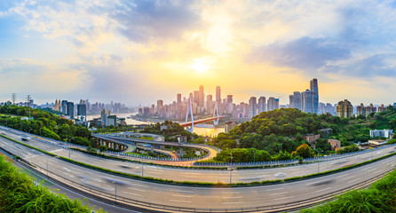 Fototapeta na wymiar Chongqing Cityscape Skyline and Asphalt Road at Sunset