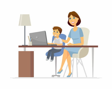 Mother and son at the laptop - cartoon people characters illustration