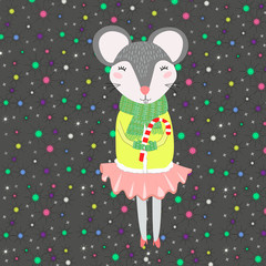 Vector Cute Mouse or Rat winter. Doodle Cartoon Scandinavian Mouse or Rat on the black background with colorful stars. Scandinavian Nursery Print or Poster Design for Kids, Greeting Card, Baby dishes 