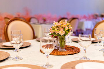 Decorated table for dinner. Table decoration concept for events.