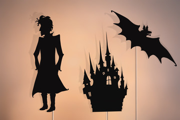 Vampire, castle and bat shadow puppets