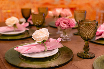 Decorated table for dinner. Table decoration concept for events.