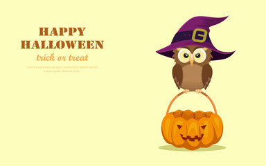 Owl with a pumpkin bucket for trick or treat event. Cartoon character flat design vector illustration.