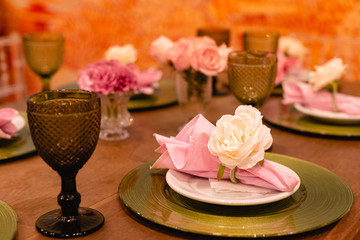 Decorated table for dinner. Table decoration concept for events.