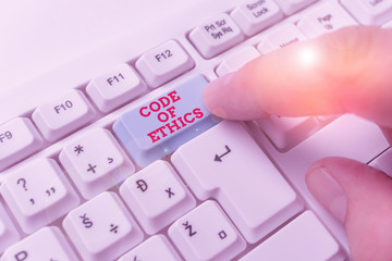 Handwriting text Code Of Ethics. Conceptual photo basic guide for professional conduct and imposes...
