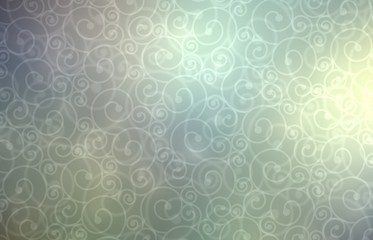 Loops decorative ornament on green vintage gleaming pearl background blur. Metallic gloss. Twirls pattern.