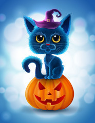 Halloween funny characters. Black cat with big eyes and glowing pumpkin. Invitation card for party and sale. Autumn holidays. Vector illustration EPS10.