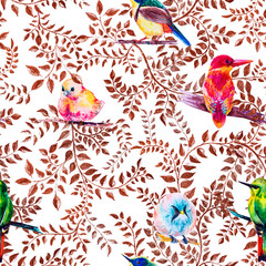 Tropical bird, painted in watercolor. Hand-painted colorful elements. Branch with Golden leaves. Hand drawn floristic seamless pattern. 