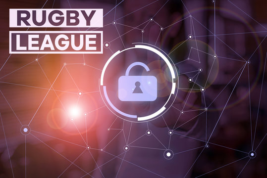 Handwriting text Rugby League. Conceptual photo form of rugby football played between teams of 13 players Woman wear formal work suit presenting presentation using smart device