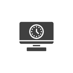 Computer monitor time vector icon. filled flat sign for mobile concept and web design. Clock screen glyph icon. Symbol, logo illustration. Vector graphics