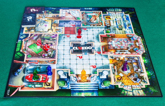 MOSCOW, RUSSIA - APRIL 3, 2019: playfield of Cluedo (Clue) murder mystery board game. This detective themed board game was first manufactured by Waddingtons in 1949, it was designed by Anthony Pratt