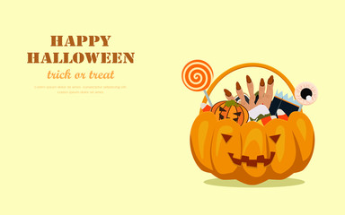 Carved pumpkin bucket full with snacks, sweets and candies. Cartoon character flat design vector illustration.