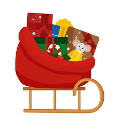 Sledge with Christmas gifts boxes with bows. Vector illustration. Isolated on a white background.