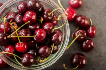 Close up view of red ripe cherries 