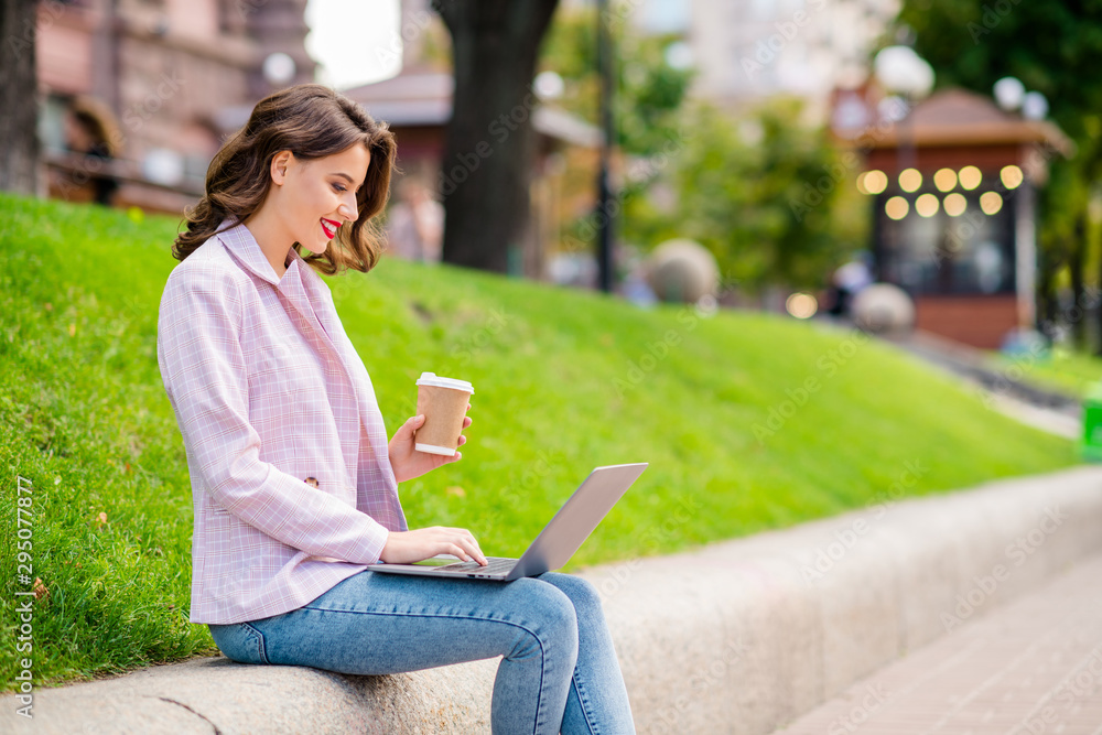 Sticker Profile side view portrait of her she nice attractive lovely charming confident cheerful cheery wavy-haired businesslady working writing letter email marketing on fresh air in park outdoors