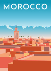 Morocco travel retro poster, vintage banner. Panorama of Marrakech city with red houses, mosque, blue mountains and sky. Hand drawing flat vector illustration. - obrazy, fototapety, plakaty
