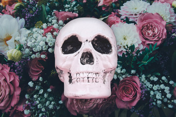 Skull at fairy dreamy magic flowers background.