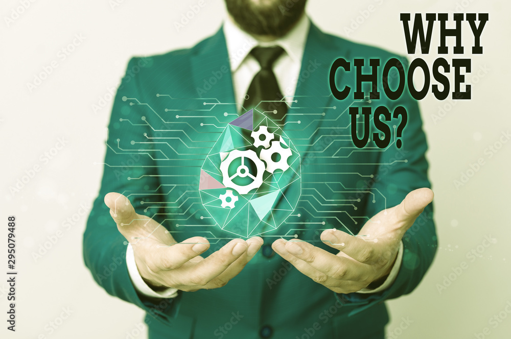 Aufkleber writing note showing why choose us question. business concept for reasons for choosing our brand ove