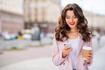 Portrait of her she nice-looking attractive charming winsome lovely cheerful cheery wavy-haired...
