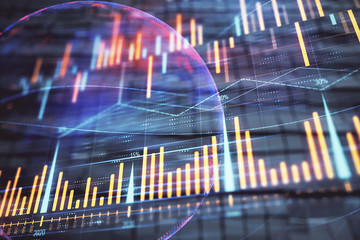 Financial chart hologram with globe and abstract background. Double exposure. Concept of market analysis