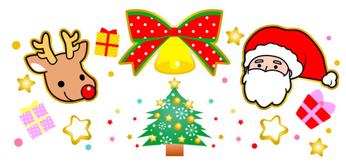 Obraz na płótnie Canvas サンタクロースとトナカイ・クリスマスツリー・クリスマスベル・クリスマス素材