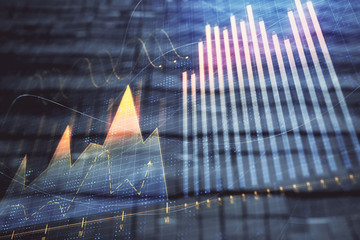 Financial chart hologram with abstract background. Double exposure. Concept of market analysis