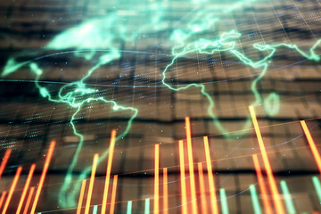 Financial chart hologram with globe and abstract background. Double exposure. Concept of market analysis