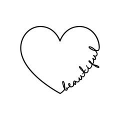Beautiful - calligraphy word with hand drawn heart. Lettering symbol illustration for t-shirt, poster, wedding, greeting card