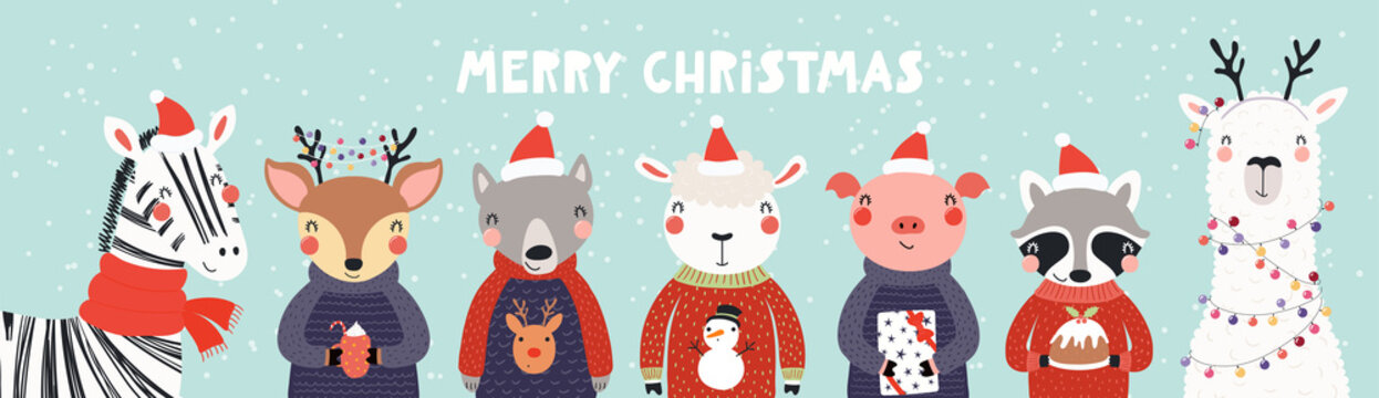 Hand Drawn Card, Banner With Cute Animals In Santa Claus Hats, Sweaters, Lights, Pudding, Gifts, Text Merry Christmas. Vector Illustration. Scandinavian Style Flat Design. Concept Kids Print, Invite.