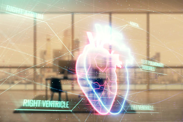 Heart hologram with minimalistic cabinet interior background. Double exposure. Medical education...
