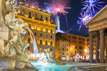 Fireworks display over the Pantheon square in Rome, Italy