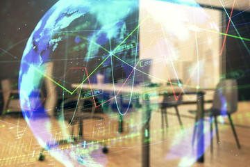 Forex chart hologram with map and minimalistic cabinet interior background. Double exposure. International business concept.