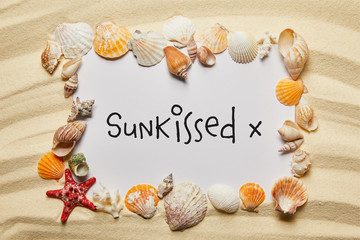 frame of seashells near placard with sun-kissed lettering on sandy beach