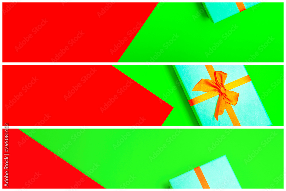 Poster gift box with ribbon on a colorful background. view from above.