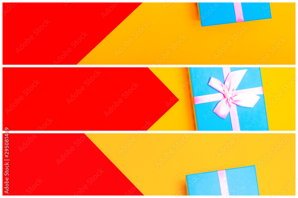 Aufkleber gift box with ribbon on a colorful background. view from above. three sections.