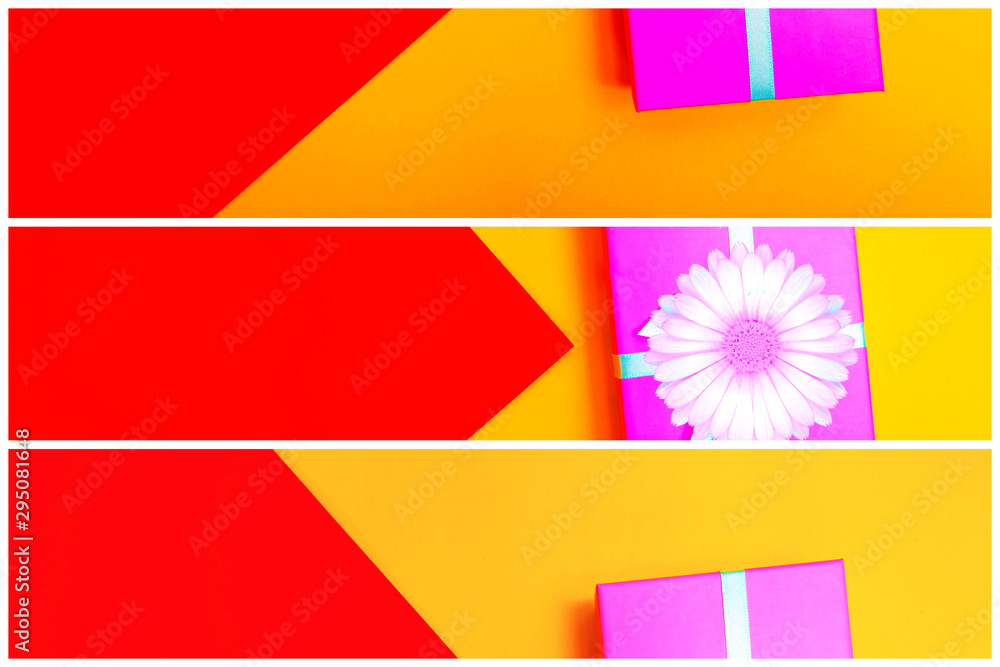 Aufkleber gift box with ribbon on a colorful background. view from above. three sections.