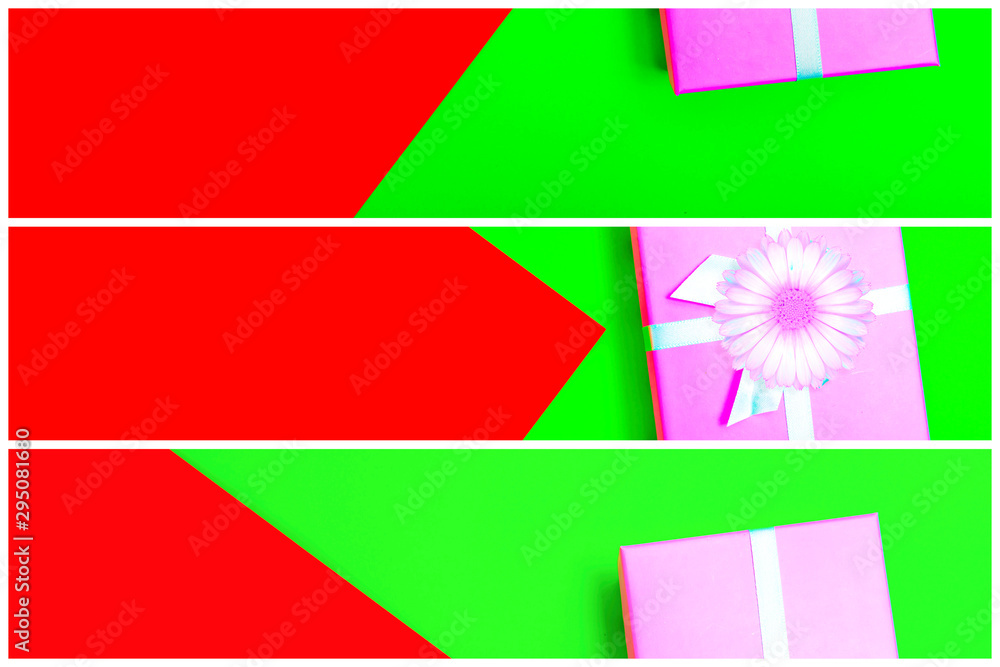 Aufkleber gift box with ribbon on a colorful background. view from above. three sections.
