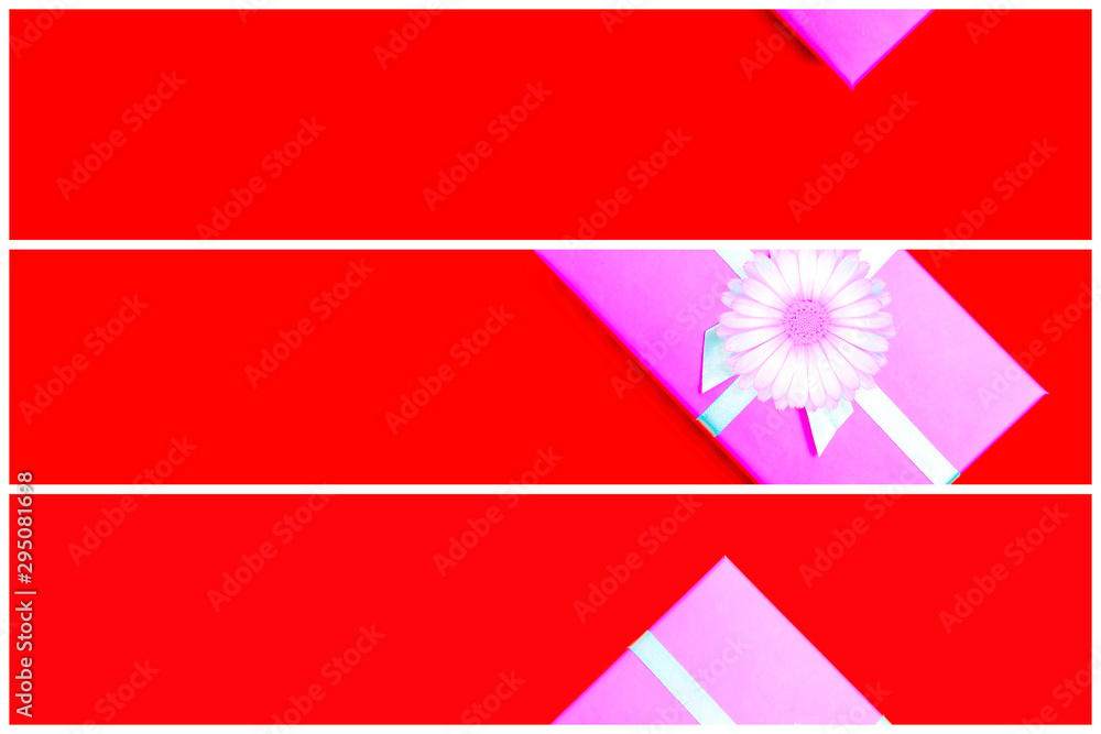 Aufkleber gift box with ribbon on a colorful background. view from above. three sections.