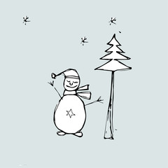 Hello Winter idea, snowman meets winter- Illustration.