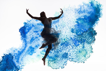 graceful ballerina dancing in blue paint splashes and spills isolated on white - obrazy, fototapety, plakaty