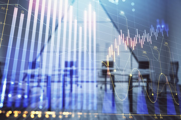Fototapeta premium Double exposure of forex chart on conference room background. Concept of stock market analysis