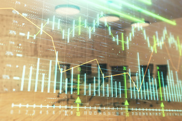 Multi exposure of stock market graph on conference room background. Concept of financial analysis