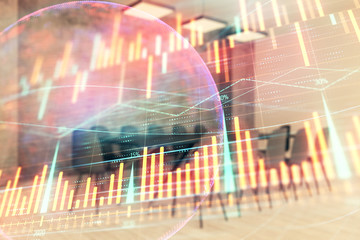 Double exposure of stock market graph with globe hologram on conference room background. Concept of international finance